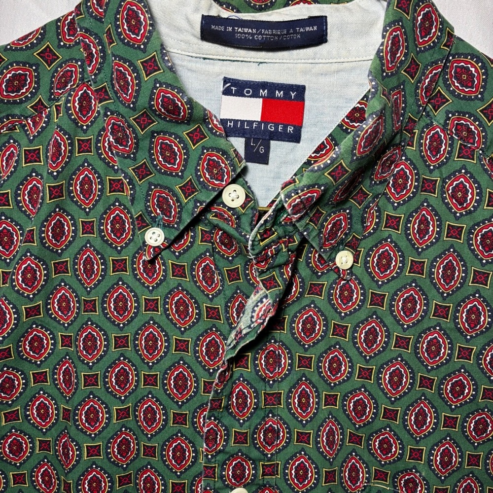 Vintage 90s Tommy Hilfiger Button Down Shirt L Green Red Geometric Print‎ Cotton
